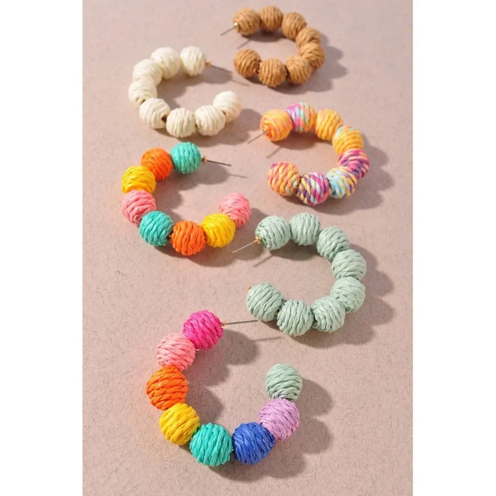 NEW Colorful Jute Straw Swirl Wrap Ball Cluster Half Hoop Statement Earrings